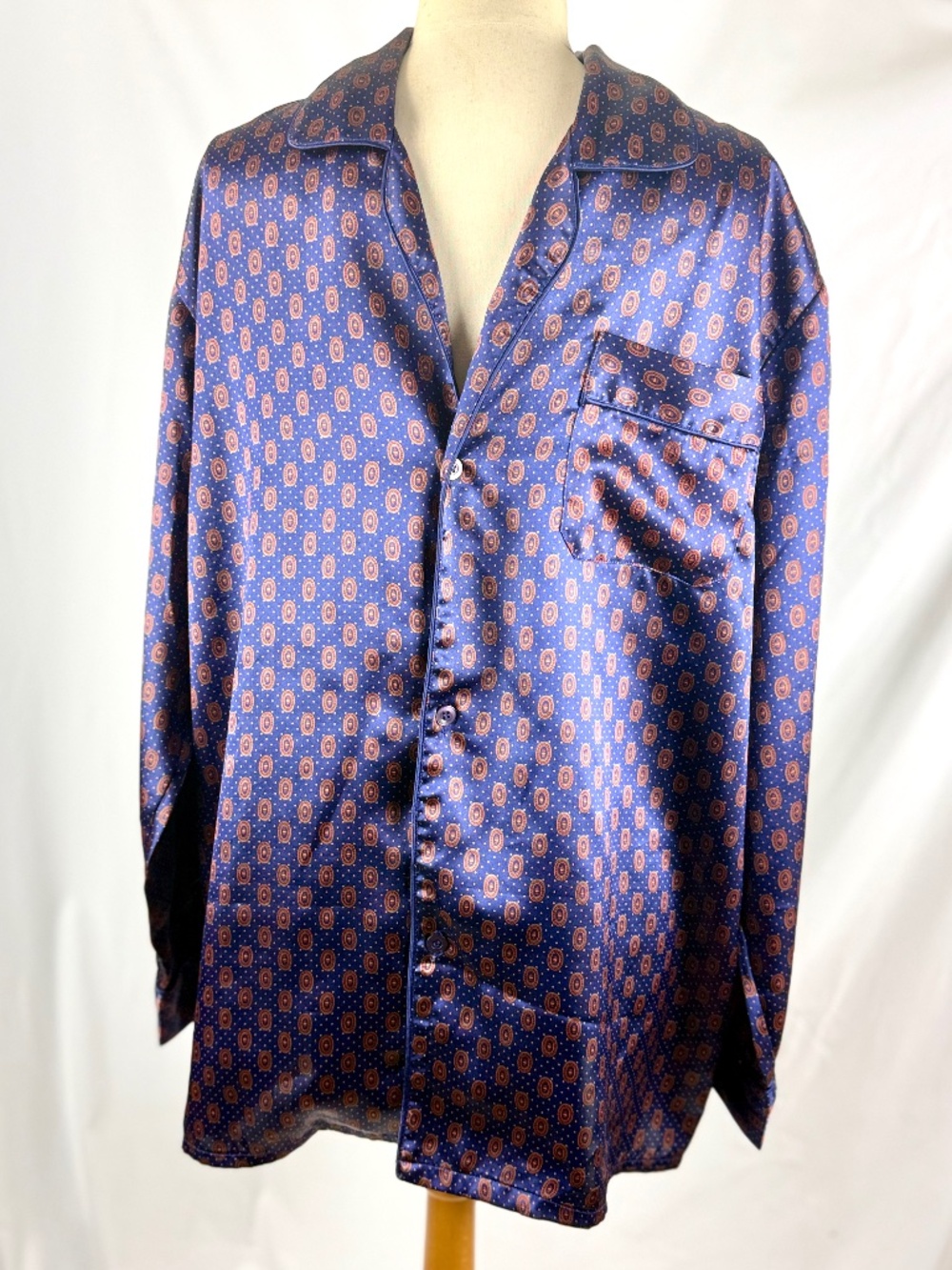 1990s Vintage 1 London Mens Pajama Set XL Navy Blue Satin PJs Long Sleeves Legs